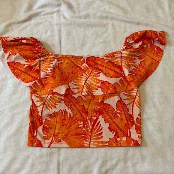 Kortni Jeane Small Orange Tropical Floral Ruffled Off Shoulder Swim Tankini Top - Picture 2 of 6